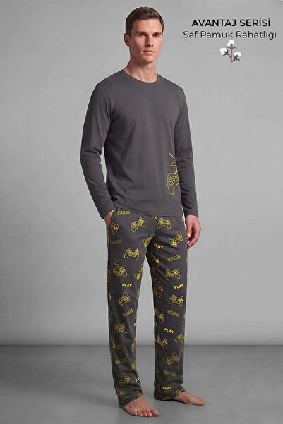 Aytuğ&Mısırlı Mısırlı Erkek Bisiklet Yaka Baskılı Pijama Takımı Antrasit