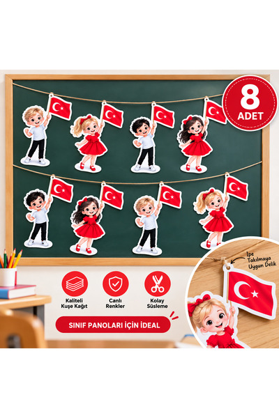 marifetli tığım Türk Bayraklı Çocuk Figürlü Flama – Sınıf Pano Süsü – Okul ve...