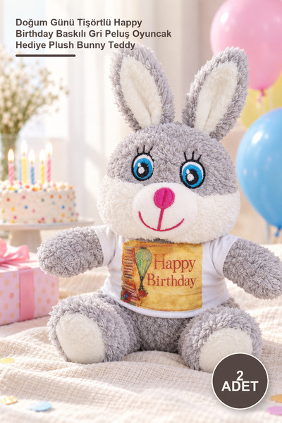 Yenilig 2 Pieces Plush Rabbit - Happy Birthday Printed Gray Plush Toy with Bi...