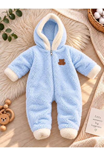 Movamirbaby Çocuk Welsoft Peluş Kapüşonlu Fermuarlı Bebek Tulumu Kışlık