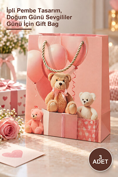 Yenilig 3 Pieces of Cardboard Teddy Bear Patterned Small Gift Bags – Pink Des...
