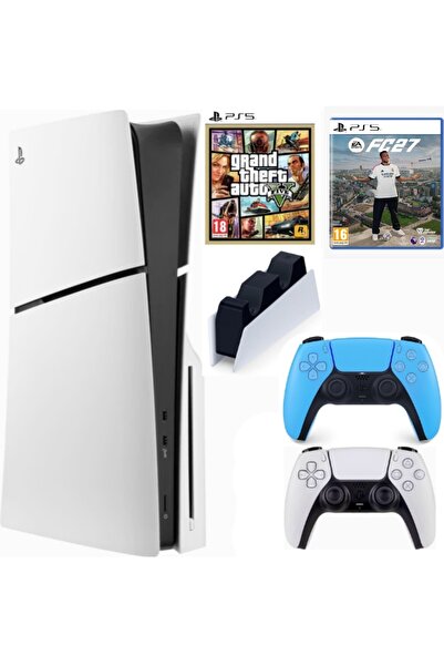 Sony Playstation 5 Slim Cdli + 2.kol Dualsense Mavi + Şarj İstasyonu + GTA 5 + PS5 FC27 (İthalatçı Garantili)
