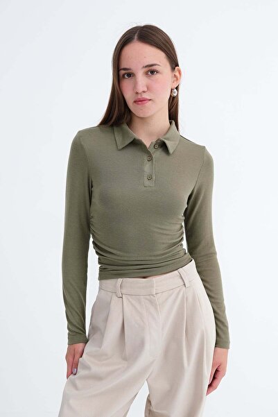 Addax Polo Collar Gathered Blouse B06045