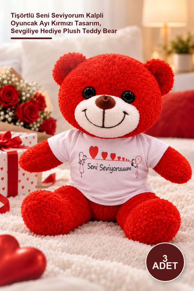 Yenilig 3 Plush Teddy Bears – I Love You Heart Toy Bear with T-Shirt Red Desi...