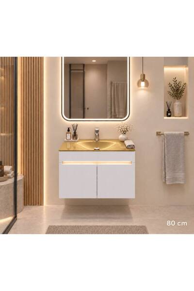 BENA Dandi Beyaz - Gold LEDLİ Cam Lavabolu MDF Banyo Dolabı 80 CM