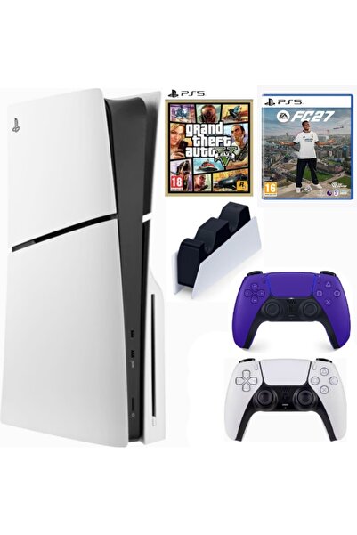 Sony Playstation 5 Slim Cdli + 2.kol Dualsense Mor + Şarj İstasyonu + GTA 5 + PS5 FC27 (İthalatçı Garantili)