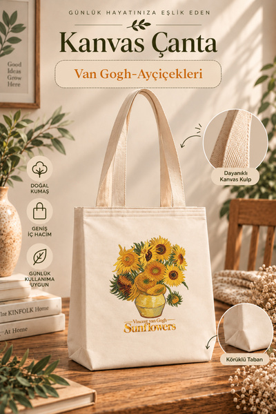 renkli izler atölyesi Kanvas Bez Çanta | Sanat Serisi | Ayçiçekleri | Vincent...