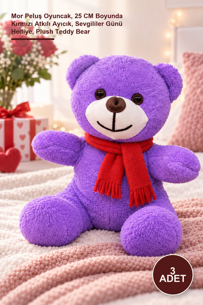 Yenilig 3 Plush Bears – Purple Plush Toy, 25 cm Tall Teddy Bear with Red Scar...