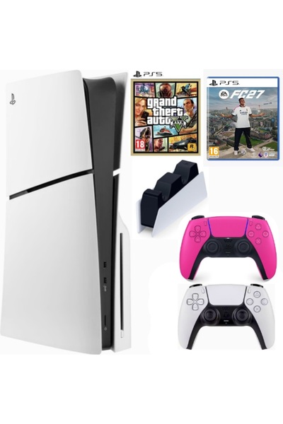 Sony Playstation 5 Slim Cdli + 2.kol Dualsense Pembe + Şarj İstasyonu + GTA 5...
