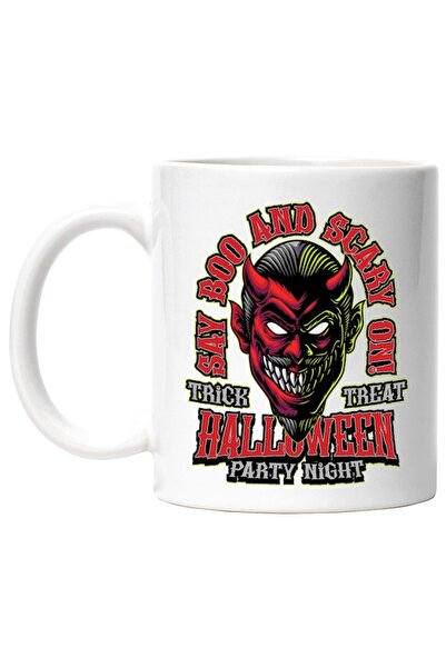 INOVATIX Cana alba personalizata, Say Boo And Scary On,Masca,Demon,Diavol,Hal...