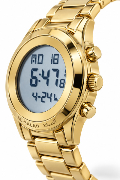 al salah watch AL-SALAH Digital Islamic Wristwatch for Men – Gold-Tone Metal Bracelet, Round LCD Display, Day & Date Display, Side Control Buttons & Butterfly Clasp