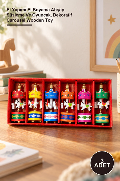 Yenilig 3 Pieces Mini Wooden Carousel – Handmade, Hand-Painted Wooden Ornamen...