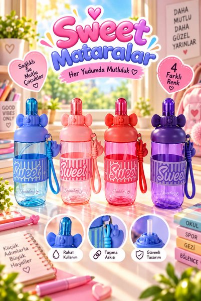 House Bird Children's Water Bottle with Bow Detail and Straw, Colorful Water Bottle with Carrying Strap
