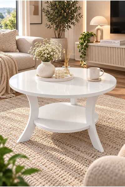 menalART Ağaç Tasarım Orta Sehpa Beyaz Ceviz 75 cm Çap - MDF Ayak 46 cm Yükse...