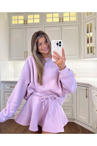 Machetta Women's Two-Piece Crew Neck Sweat-Flounced Casual Skirt 3 Yarn Botto...