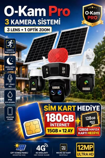 O-KAM 4075 12MP 10X Zoom 4 Lens 3 Ekran UltraHD 4G Solar Akıllı Güvenlik Kame...