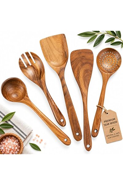 Generic Wooden Kitchen Utensil Set 5 Piece Natural Teak Wood Non Scratch Tool...
