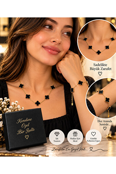 seymen bıçakçılık 5-Piece Clover Motif Necklace Bracelet Jewelry Set Gold Col...