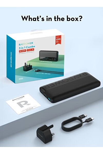RavPower شاحن متنقل 10000 مللي أمبير مع شاحن جداري 20 واط وكابل USB-C بقوة 60...