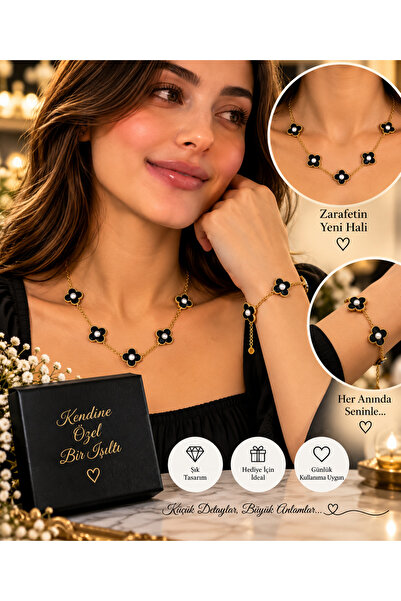 seymen bıçakçılık 5-Piece Clover Motif Necklace Bracelet Jewelry Set Gold Col...