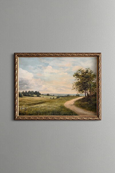 epiqart Country Road among Green Fields - Vintage Patterned Painting - Fine M...