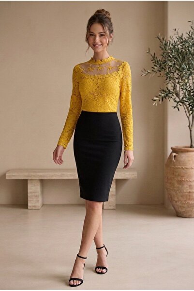 OEM Bluza eleganta de dama cu detalii din dantela transparenta, guler inalt s...