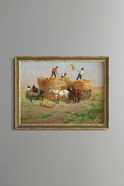epiqart Harvest Time with Horse-Drawn Carts - Vintage Patterned Painting - Fi...