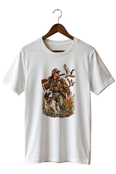 WİDİ Tricou unisex cu imprimeu Hunter and Wild Duck, cu croială normală și gâ...