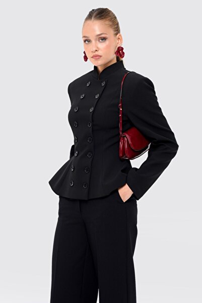 Thalure Kadın Siyah Kruvaze Düğmeli Peplum Blazer