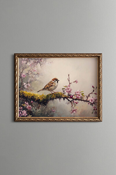 epiqart Sparrow on a Mossy Flower Branch - Vintage Patterned Painting - Fine ...