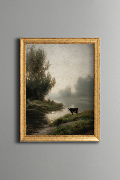 epiqart Cow on the Misty Lake Shore - Vintage Patterned Painting - Fine Model