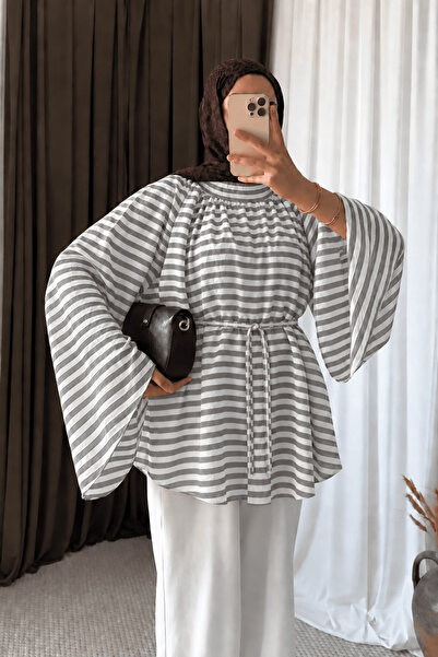 Hepsi Moda İspanyol Kol Kalın Çizgili Oversize Tunik - Gri
