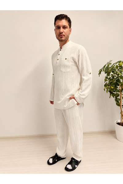 Bilenler Men's Hajj Umrah Set, Crinkle Fabric, Comfortable Fit, Shirt and Pan...