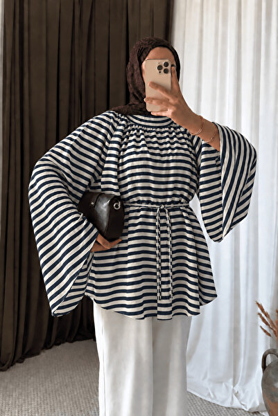 Hepsi Moda İspanyol Kol Kalın Çizgili Oversize Tunik - Lacivert
