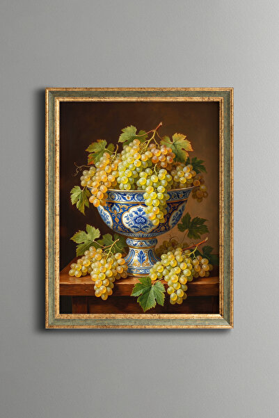 epiqart Grapes in a Blue Chinoiserie Bowl - Vintage Patterned Painting - Fine...