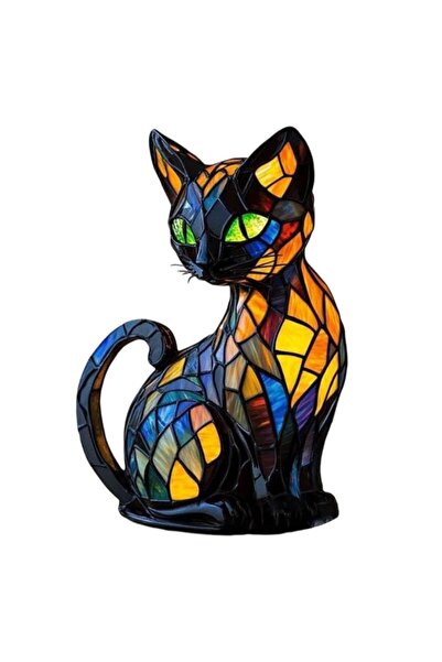 Noonedibs Veioză de noapte cu design pisică din vitraliu vintage, lampă de no...
