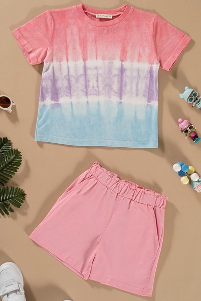 tuo picco Batik Washed Pink T-shirt Shorts Set