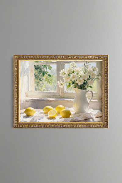 epiqart Lemons and White Flowers in Front of the Window - Vintage Patterned P...