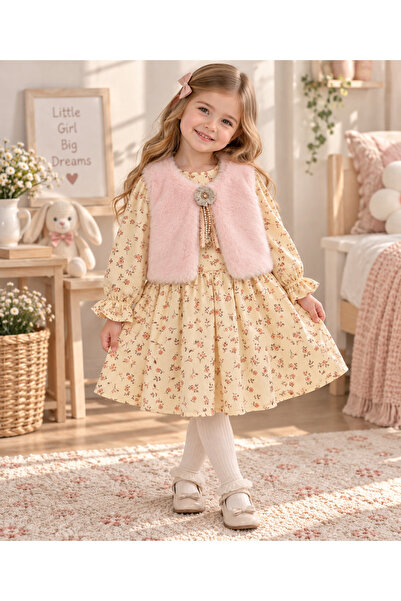 buzy kids concept Peluş Yelekli Müslin Çiçek Desenli Kız Çocuk Elbise 2 Yaş -...