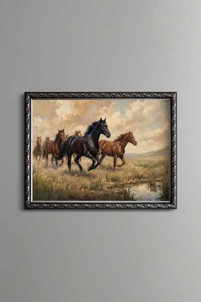 epiqart Horses Running on the Field - Vintage Patterned Painting - Fine Model