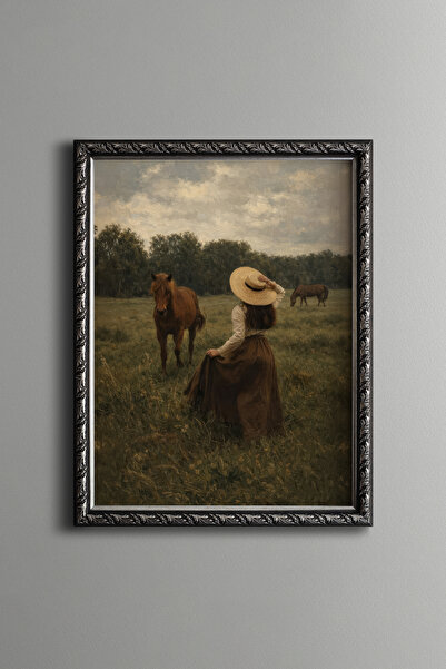 epiqart Young Woman with Straw Hat and Horses - Vintage Patterned Painting - ...