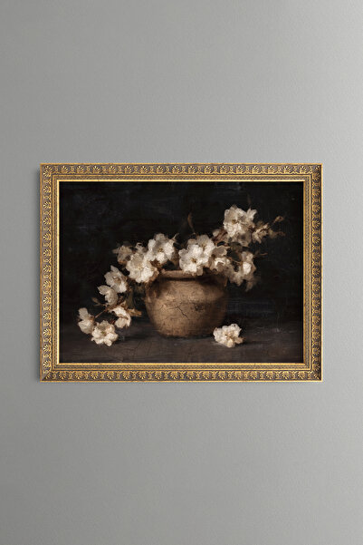 epiqart White Flowers in a Clay Vase - Vintage Patterned Painting - Fine Model