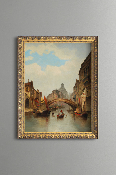 epiqart Bridge and Boats on the Venetian Canal - Vintage Patterned Painting -...
