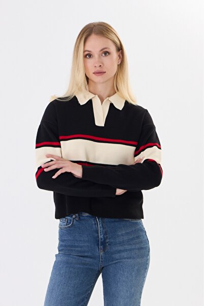 herkesemoda Kadın Polo Yaka Çizgili Triko Kazak