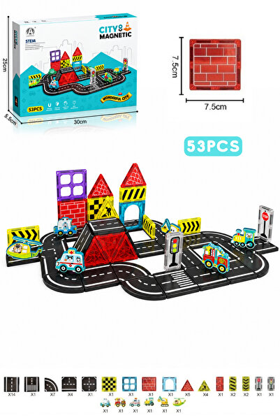 TUENGİ STORE 53 Pieces Magnetic Road and City Set with Vehicles Building Bloc...