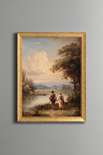 epiqart Couple Walking Hand in Hand by the Lake - Vintage Patterned Painting ...