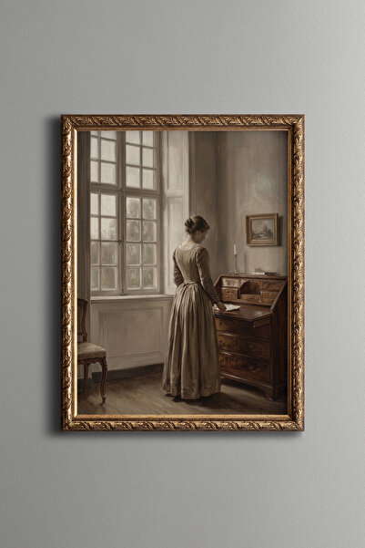 epiqart Woman at the Desk Beside the Window - Vintage Patterned Painting - Sl...