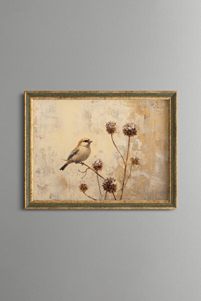 epiqart Little Bird on a Dry Flower Branch - Vintage Patterned Painting - Fin...