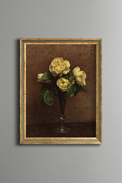 epiqart Yellow Roses in Glass Vase - Vintage Patterned Painting - Fine Model