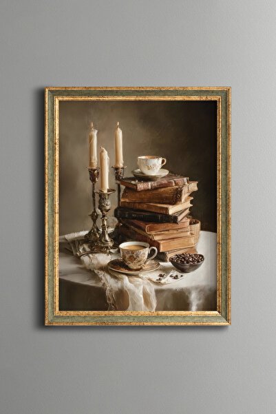 epiqart Book and Coffee by Candlelight - Vintage Patterned Painting - Fine Model